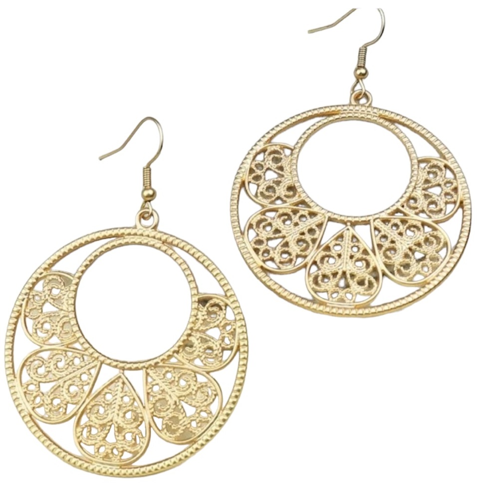 Boho Style Gold Cutout Metal Round Drop Earrings